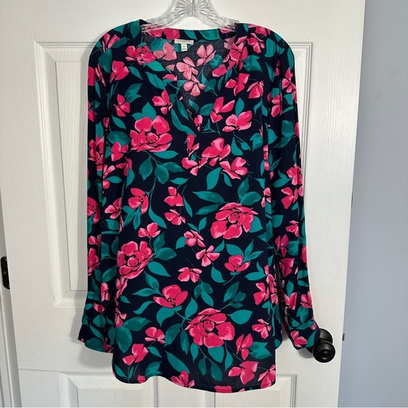 Talbots Outlet M tunic top, navy/floral, rayon, flowy, long sleeve, fall, autumn - Picture 1 of 7
